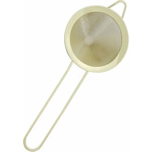 A gold-coloured bar mesh strainer with a round, fine mesh and two elongated handles.