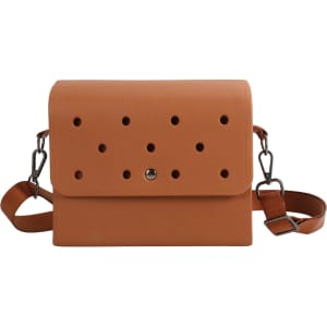 An orange briefcase with a perforated front design, featuring a shoulder strap and a metal clasp.