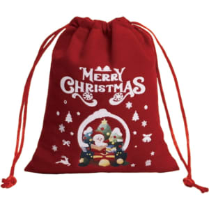 A red drawstring gift bag featuring a festive design with Christmas trees, snowflakes, and Santa.
