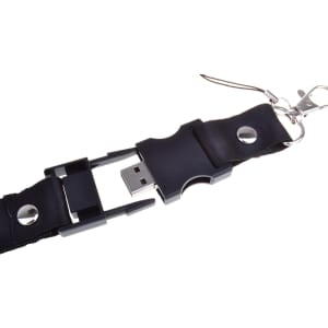 A black lanyard featuring a detachable USB flash drive with a silver attachment clip.