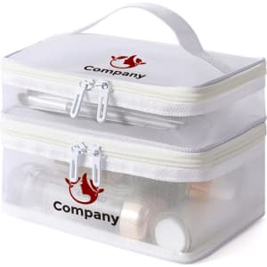 A white nylon mesh double-layer cosmetic bag with zippers and a handle, featuring a logo.