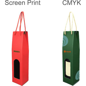 A wine box in red and green, featuring a rope handle and a cut-out window, with a logo on the green box.