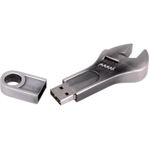 A metallic flash drive shaped like a spanner, with a removable cap for USB connection.
