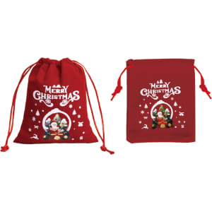 Red Christmas drawstring gift bags featuring festive designs with characters and snowflakes, with branding present.