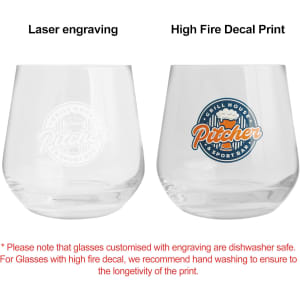 A wine glass featuring a laser-engraved design on one side and a coloured decal print on the other, both in clear glass.
