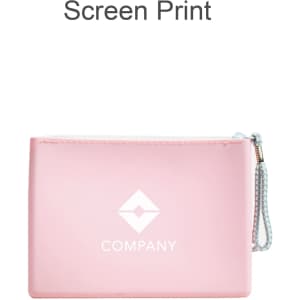 A pink silicone cosmetic pouch with a zip closure and a logo on the front.