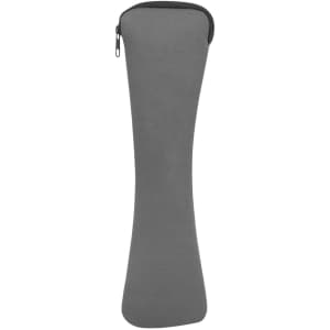 A grey zippered pouch designed to hold travel utensils, featuring a sleek and ergonomic shape.