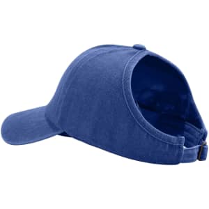 A blue Ponytail Top Hat with an open back design, featuring a curved brim and a logo on the side.
