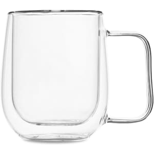 A barrel-shaped double wall mug with a transparent glass finish and a sturdy handle.