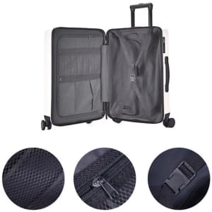 An ABS business suitcase in white with an open interior, featuring black compartments, zippers, and a wheeled base.