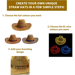 A collection of straw hats in brown, red, and blue, featuring LED wire accents and a logo on each hat.