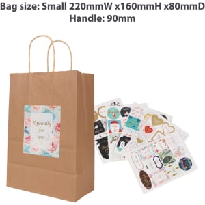 A small brown Kraft paper bag with twisted handles and a decorative sticker, accompanied by various colourful stickers.