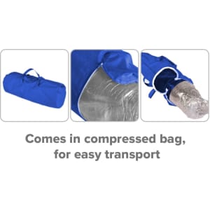 A compressed blue bag containing a chair, featuring a handle for easy transport. Includes a clear cover.