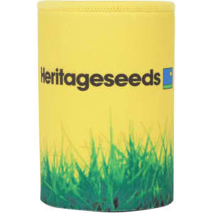 A drink bottle holder featuring a yellow design with green grass at the bottom and a logo.
