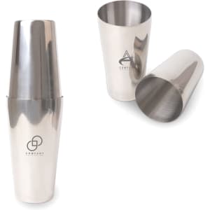 A stainless steel cocktail shaker set featuring a 550ml and a 750ml shaker, with a polished finish and branding.