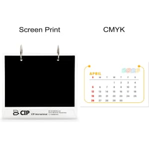 Acrylic desk calendar and photo album organiser in white, featuring a black display section and a colourful calendar.