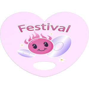 A heart-shaped pink fan featuring a smiling character and discs, with floral accents and a branding logo.
