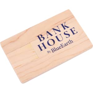 A wooden credit card flash drive with a natural wood finish and a branding logo on the surface.