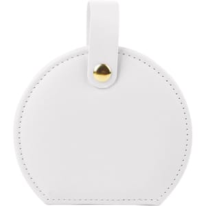 A round white PU leather jewellery box with a gold snap closure and a flat handle. It has an embossed logo.