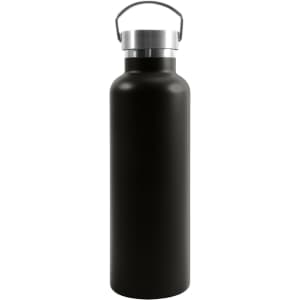 A drink bottle in matte black stainless steel with a silver lid and handle, featuring a logo.