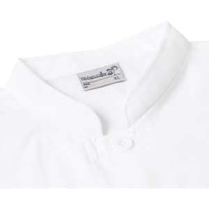 A white short-sleeved chef jacket with a single-breasted button closure and a collar, featuring a logo label.