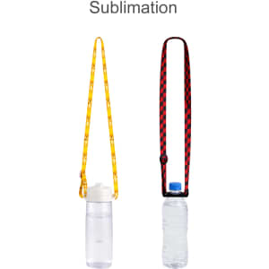 A drink bottle with a yellow lanyard and a bottle with a black and red checked lanyard, both displayed upright.