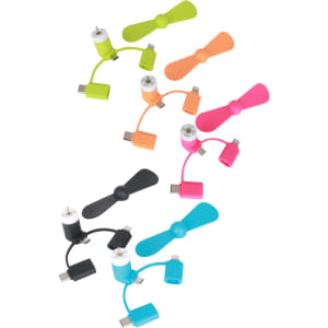 A collection of 3 in 1 smartphone fans in various colours, including black, pink, green, orange, and blue, with connectors.