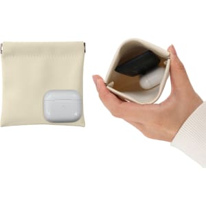 A small, cream cosmetic bag with a zipper, holding earbuds and a compact inside.