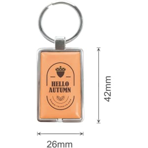 An orange NFC epoxy square tag with a metal keyring, featuring a logo and dimensions indicated.