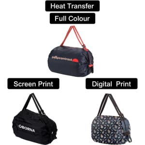 A collection of foldable shopping shoulder bags in various designs, including a floral print and solid black with red accents.