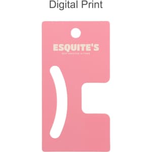 A pink card with cut-out shapes, featuring a logo and a hole for hanging.