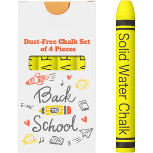 A box containing four yellow dust-free chalk sticks with a logo and colourful illustrations on the packaging.