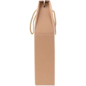 A drink bottle packaging made of brown cardboard with a rope handle, designed for holding two bottles.