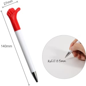A red and white pen with a thumbs-up design on the top, featuring a 0.5mm refillable tip.