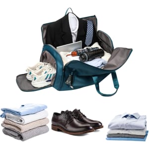 A teal convertible duffel bag opened to reveal clothes, a laptop, shoes, and a drink bottle, with a jacket and tie on top.