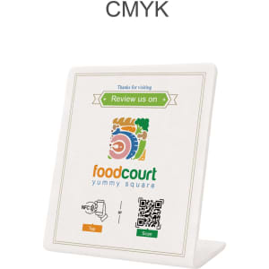 A white NFC review stand with a slanted design, featuring logos and a QR code for scanning.