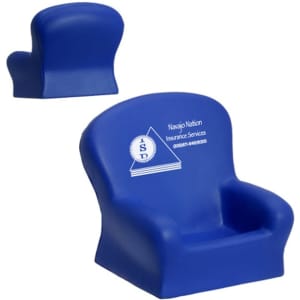 A blue stress reliever shaped like a chair, featuring a logo on one side. Suitable for stress relief and fun.
