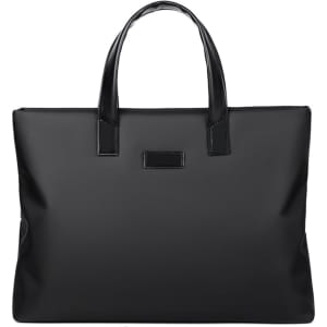A black nylon briefcase with sturdy handles and a sleek design, featuring a logo on the front.