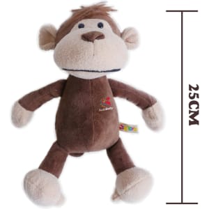 A brown monkey plush toy with embroidered features and a hanging tag, measuring 25 cm in height.