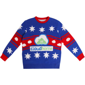 A blue and red unisex winter acrylic jacquard sweater with white stars and a logo.