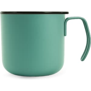 A camping mug in teal, featuring a handle and insulated design, with a black rim and branding on the side.