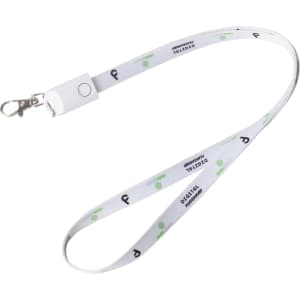 A polyester lanyard charging cable in white with a clip and a logo design printed along the length.