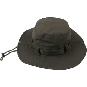 An olive green outdoor brim hat with a wide brim and an adjustable chin strap. It features a logo on the side.