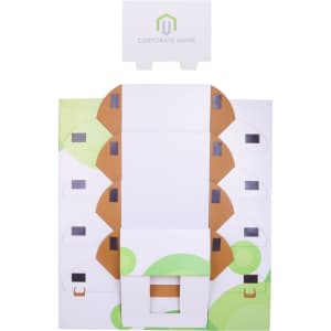 A standard cardboard floor display in white and green, featuring multiple compartments and a branded header.