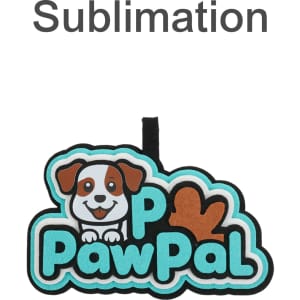 A custom felt hanging tag in blue, black, and brown featuring a cartoon dog and the text "PawPal."