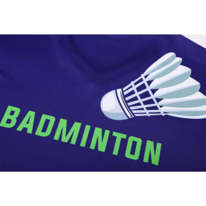 A purple long-sleeve V-neck shirt featuring a badminton shuttlecock design and the word "BADMINTON" in green.