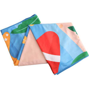 A microfibre beach towel featuring vibrant blue, orange, and pink patterns, measuring 100x180cm. Includes a logo.