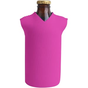 A drink bottle cooler in bright pink, designed with a V-neck shape and featuring a logo.