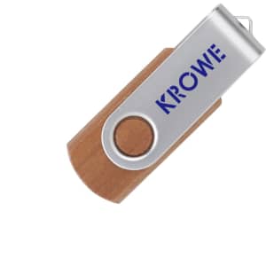 A metal swivel flash drive with a wooden body and a logo. Features a silver end and natural wood colour.