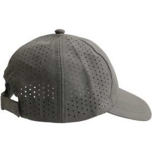 A grey perforated cap with a curved brim and adjustable strap, featuring ventilation holes and a logo.